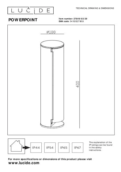 Lucide POWERPOINT - Outdoor socket column - Sockets with pin earth - Type E - FR, BE, POL, SVK & CZE standard - Ø 10 cm - IP44 - Anthracite - technical